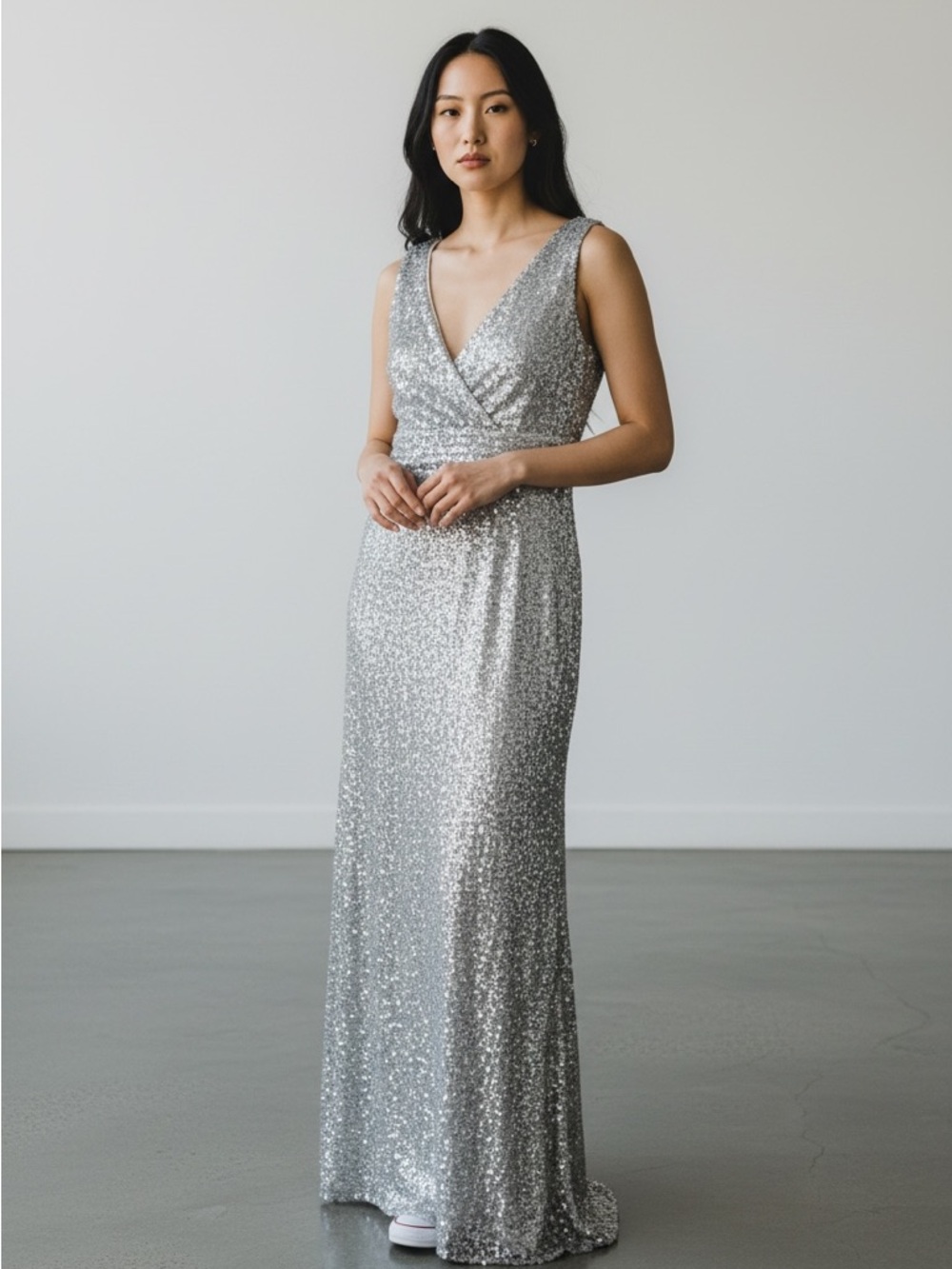 Silver Sequin V-Neck Maxi Dress